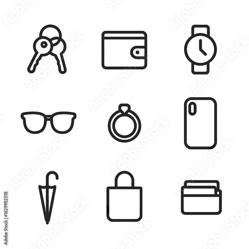 Everyday Accessories Icons. Outline icon set of everyday accessories: keys, wallet, watch, sunglasses, ring, phone case, umbrella,