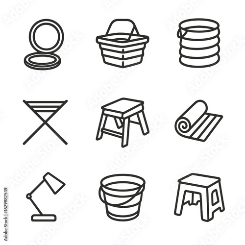 Everyday Foldables Icons. Outline icon set of everyday foldables: foldable mirror, fold-up basket, collapsible bin, pop-up hamper,
