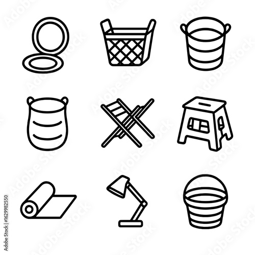 Everyday Foldables Icons. Outline icon set of everyday foldables: foldable mirror, fold-up basket, collapsible bin, pop-up hamper,