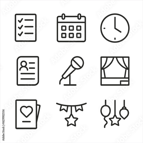 Event Planning Icons. Outline icon set of event planning: checklist, calendar, clock, venue, guest list, microphone, stage,