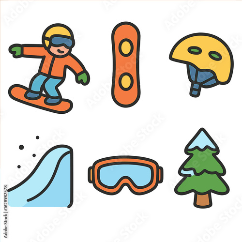 Children's Snowboarding Icons. Flat vector mini-illustrations of snowboarding in colors children’s illustrations: snowboarder
