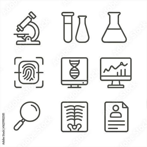 Evidence Tools Icons. Outline icon set of evidence examination: microscope, test tube, chemical flask, fingerprint scanner, DNA
