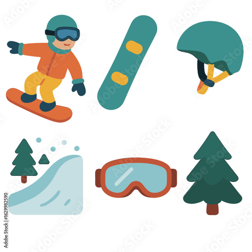 Children's Snowboarding Icons. Flat vector mini-illustrations of snowboarding in colors children’s illustrations: snowboarder