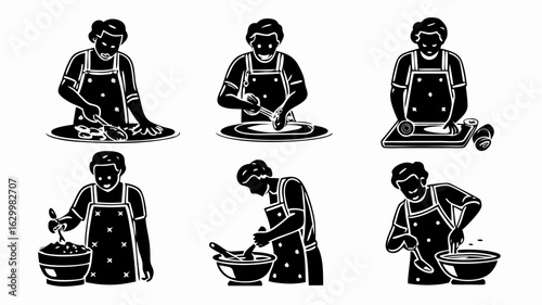 Illustrations showing people wearing aprons and cooking or preparing food in various ways on white background | editable eps vectors silhouette