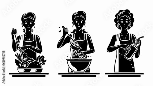 Three women preparing food with vegetables soup and oil in a black and white vector illustration style | editable eps vectors silhouette
