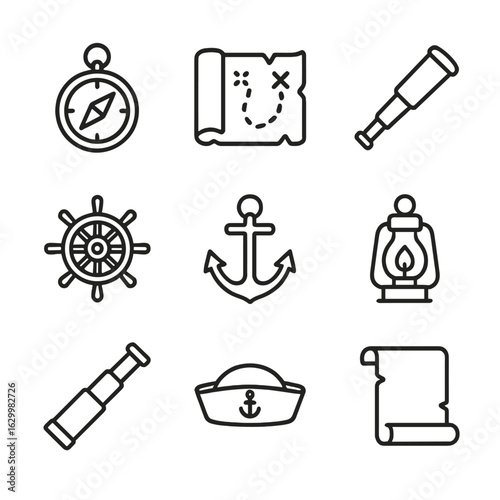 Exploration Icons Set. Outline icon set of past exploration: compass, old map, telescope, ship wheel, anchor, lantern, spyglass,