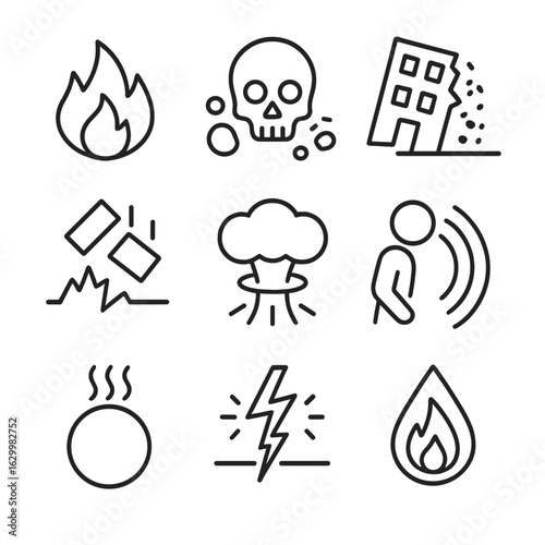 Explosive Hazard Icons. Outline icon set of explosive-related hazards: fire hazard, toxic gas, structural collapse, falling debris