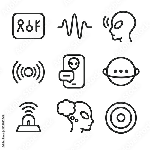 Extraterrestrial Communication Icons. Outline icon set of extraterrestrial communication: alien language symbol, energy wave,