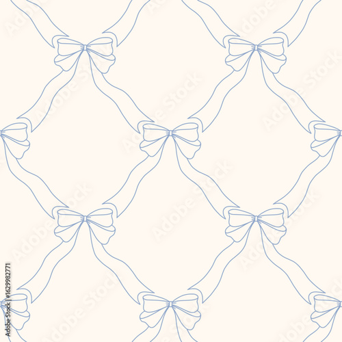 Hand drawn ribbon bow seamless lattice pattern with a charming whimsical cottage core design. Soft blue, pastel, and nostalgic trellis print. Perfect for textiles and romantic vintage-inspired decor.