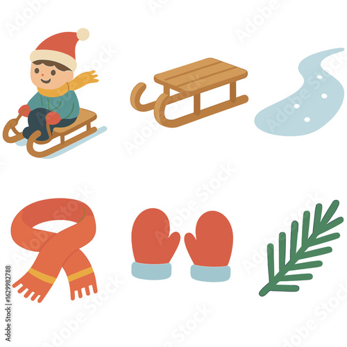 Children's Winter Fun. Flat vector mini-illustrations of tobogganing in colors children’s illustrations: child on toboggan, wooden