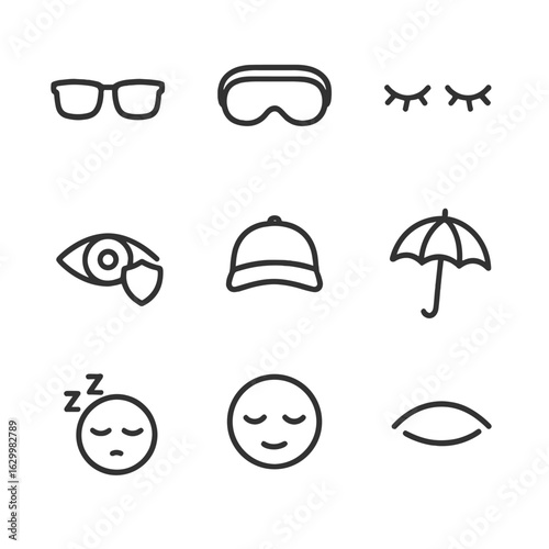 Eye and Heart Icons. Outline icon set of eye protection: sunglasses, eye mask, closed eyes, shielded eye, hat with visor, sun