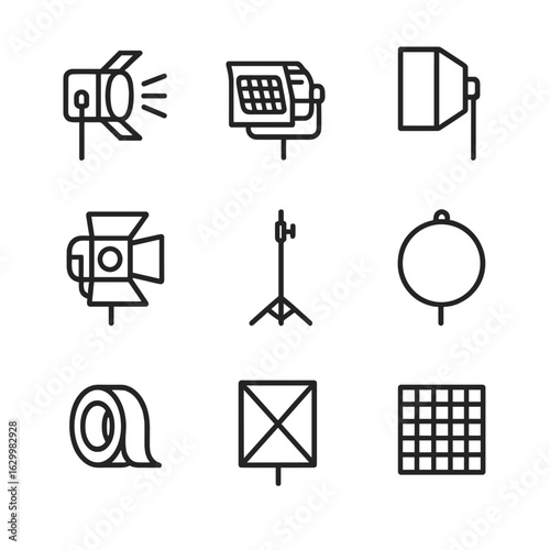 Cinematic Lighting Icons. Outline icon set of cinematic lighting: spotlight, floodlight, softbox, barn doors, light stand,