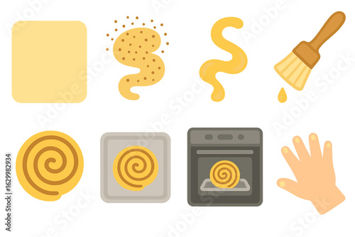 Cinnamon Swirl Icons. Flat vector mini-illustrations Danish pastry swirl rolling in colors children's illustrations: dough