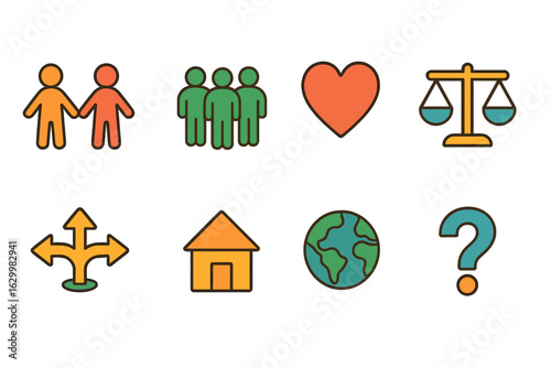 Choices and Connections. Flat vector mini-illustrations save loved one vs many strangers in colors children's illustrations: two