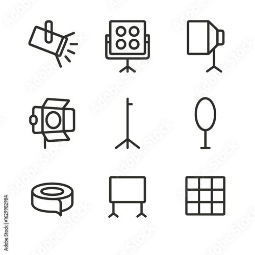 Cinematic Lighting Icons. Outline icon set of cinematic lighting: spotlight, floodlight, softbox, barn doors, light stand,