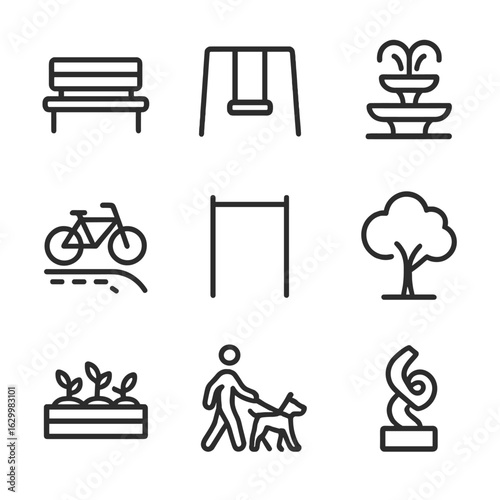 City Park Icons. Outline icon set of city parks and green spaces: park bench, playground swing, fountain spout, bike path, fitness