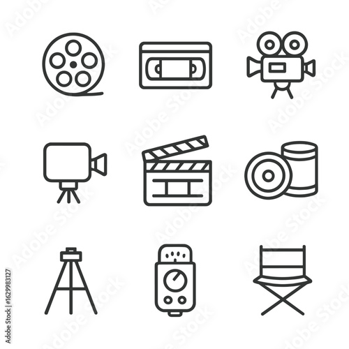 Classic Cinema Icons. Outline icon set of classic cinema equipment: film reel, movie tape cassette, vintage camera, projector lens
