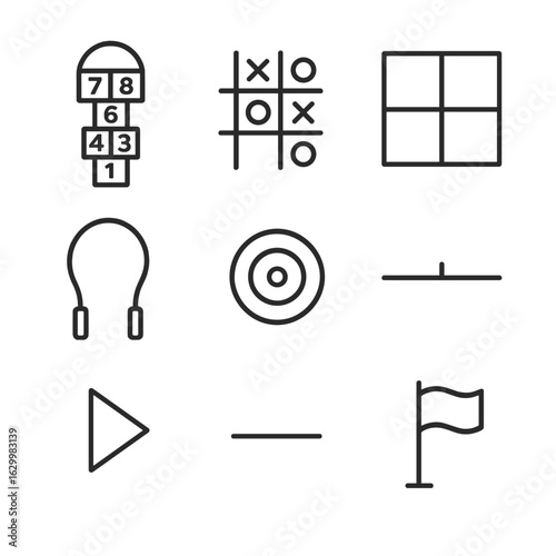 Classic Sidewalk Games Icons. Outline icon set of classic sidewalk games: hopscotch grid, tic-tac-toe board, four square court,