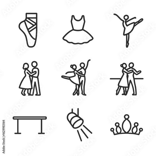 Classical Ballet Icon Set. Outline icon set of classical ballet motifs: pointe shoe, tutu, arabesque silhouette, waltz couple, pas