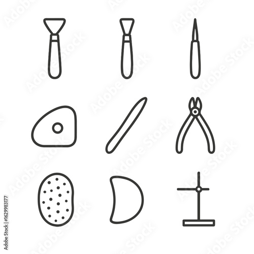 Clay Sculpting Tools Icons. Outline icon set of clay sculpting tools: loop tool, ribbon tool, needle tool, rubber kidney, wooden