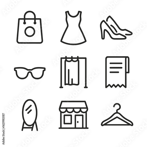 Fashion Shopping Icons. Outline icon set of fashion shopping: branded bag, dress, high heels, sunglasses, fitting room, shopping