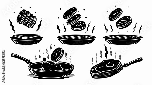 Illustration of cooking food in pans and plates with steam and food items in black and white style | editable eps vectors silhouette