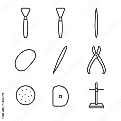 Clay Sculpting Tools Icons. Outline icon set of clay sculpting tools: loop tool, ribbon tool, needle tool, rubber kidney, wooden
