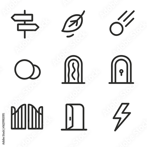 Fate Icon Set. Outline icon set of fate events: crossroads, falling leaf, sunrise, comet, eclipse, portal, locked door, open gate,