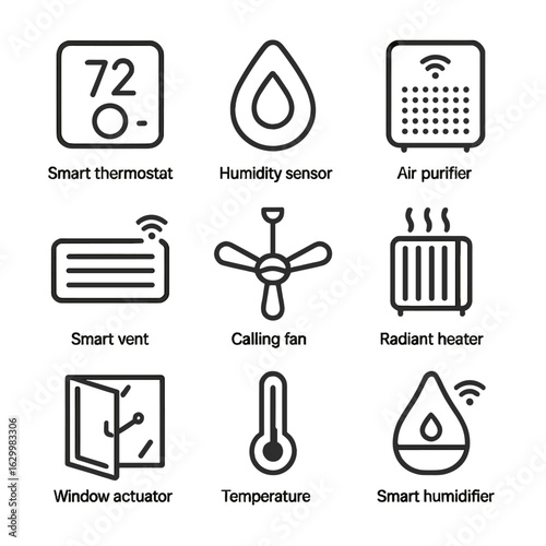 Climate Control Icons. Outline icon set of climate and environment control: smart thermostat, humidity sensor, air purifier, smart