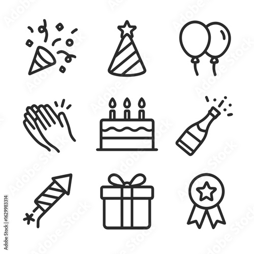 Festive Outline Icons. Outline icon set of clapping and celebration items: confetti, party hat, balloons, cake, champagne bottle,