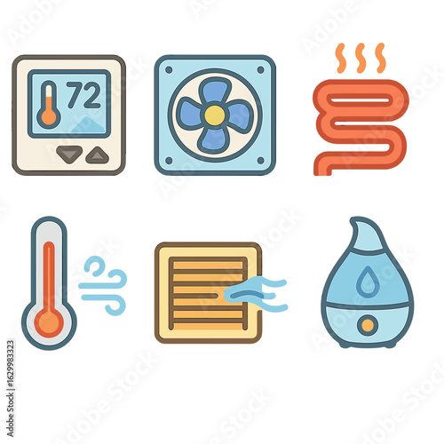 Climate Control Icons. Flat vector mini-illustrations automated climate control in colors children's illustrations: thermostat