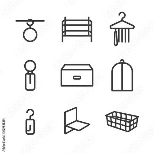 Closet Accessories Icons. Outline icon set of closet organization accessories: hanging rod, shoe rack, tie hanger, belt loop,