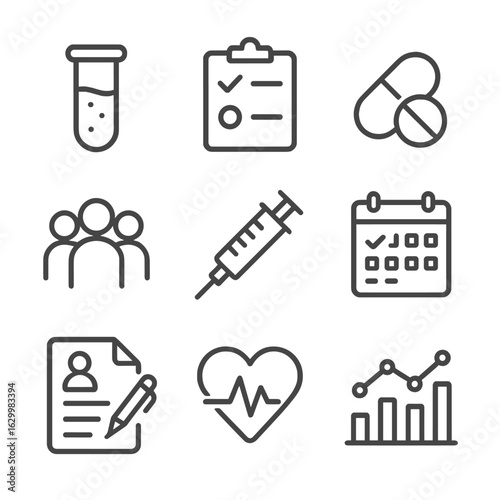 Clinical Trials Icons. Outline icon set of clinical trials and drug development: test tube, double-blind checklist, placebo pill,