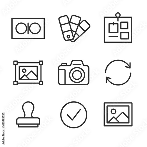 Co-Branding Icon Set. Outline icon set of creative co-branding visuals: dual logo frame, color palette swatches, mood board pin,