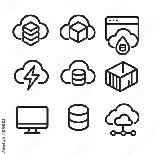 Cloud Services Icons. Outline icon set of cloud service models: IaaS infrastructure stack, PaaS platform cube, SaaS application