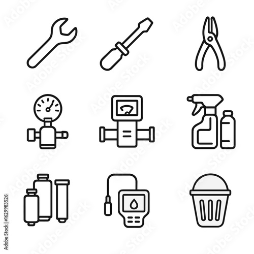 Filter Tool Icons. Outline icon set of filter related tools: wrench, screwdriver, pliers, pressure tester, flow meter, cleaning