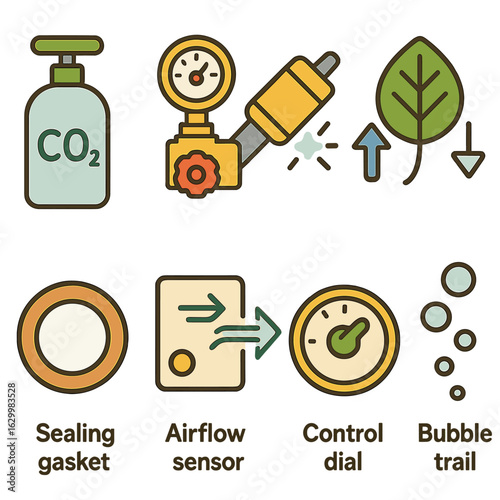 CO₂ Control Icons. Flat vector mini-illustrations CO₂ enrichment control in colors children's illustrations: CO₂ tank, regulator