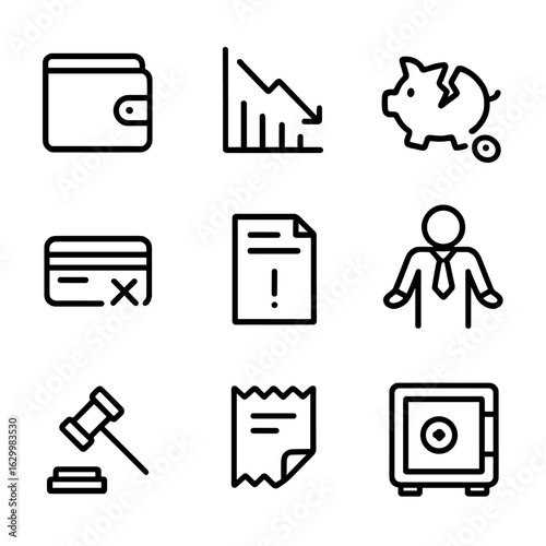 Financial Loss Icons. Outline icon set of financial loss: empty wallet, falling graph, broken piggy bank, credit card decline,