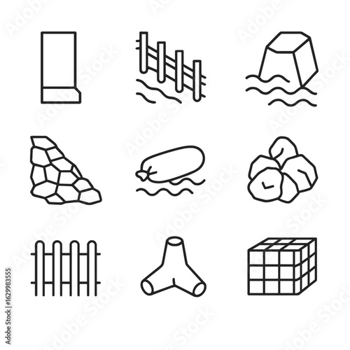 Coastal Defense Icons. Outline icon set of coastal defense structures: seawall segment, groyne barrier, breakwater block,