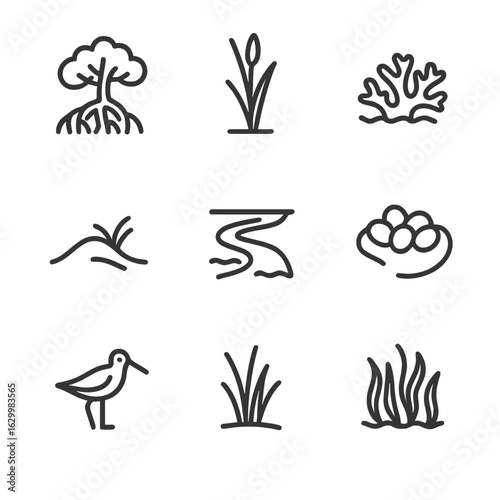 Coastal Ecosystem Icons. Outline icon set of vulnerable coastal ecosystems: mangrove tree, tidal marsh reed, coral reef fragment,