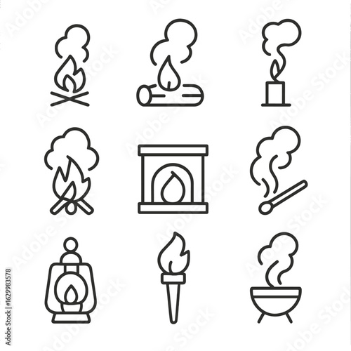 Fire and Smoke Icons. Outline icon set of fire and smoke: campfire with smoke, burning log with smoke, candle flame with smoke,
