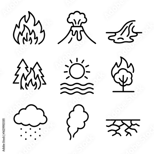 Fire and Heat Icons. Outline icon set of fire and heat: wildfire, volcanic eruption, lava flow, forest fire, heatwave, burning