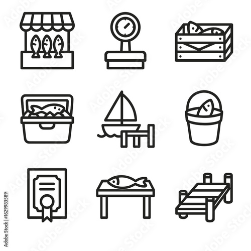 Coastal Fishing Icons. Outline icon set of coastal fishing community: fish market stall, vendor scale, packing crate, ice chest,