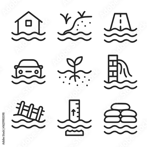 Coastal Flood Icons. Outline icon set of coastal flooding impacts: submerged house, eroded beach, flooded road, stranded car,