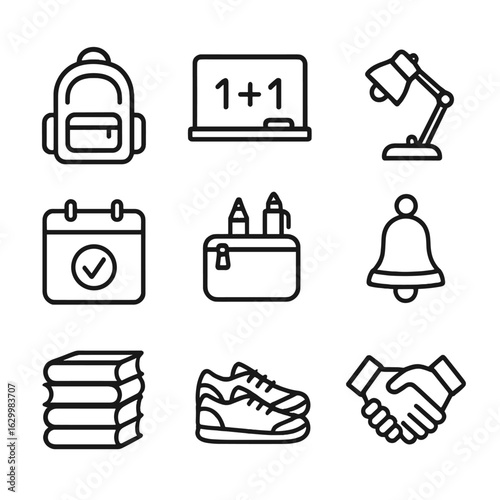 First Day Icons. Outline icon set of first day: school backpack, chalkboard, desk lamp, calendar mark, pencil case, bell, books