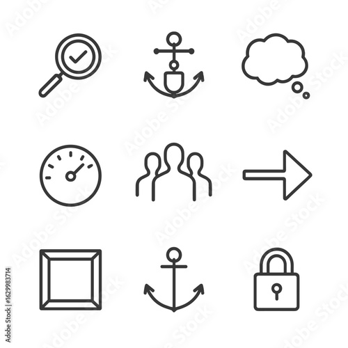 Cognitive Bias Icons. Outline icon set of cognitive biases and pitfalls: confirmation bias magnifier, anchoring weight,