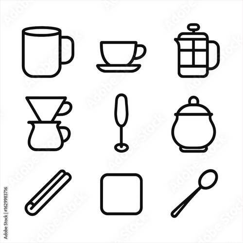 Coffee Essentials Icons. Outline icon set of coffee service essentials: coffee mug, espresso cup, French press, pour-over dripper,