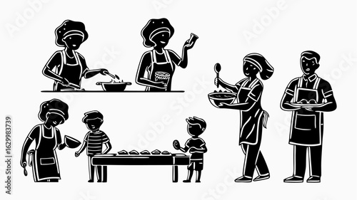 Illustration of various people cooking and baking in a kitchen setting with aprons and chef hats on | editable eps vectors silhouette