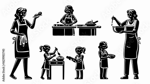 Illustration of women and children cooking and preparing food in a kitchen setting with aprons on | editable eps vectors silhouette
