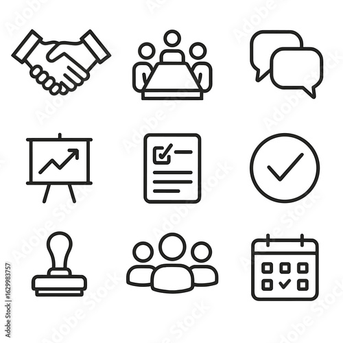 Collaboration Icons Grid. Outline icon set of stakeholder collaboration: handshake agreement, meeting table, speech bubbles,